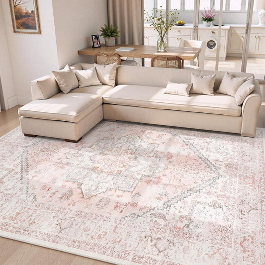 Beautiful Pink Medallion Area Rug 8x10 - Bohemian Floral Carpet for Indoor Use