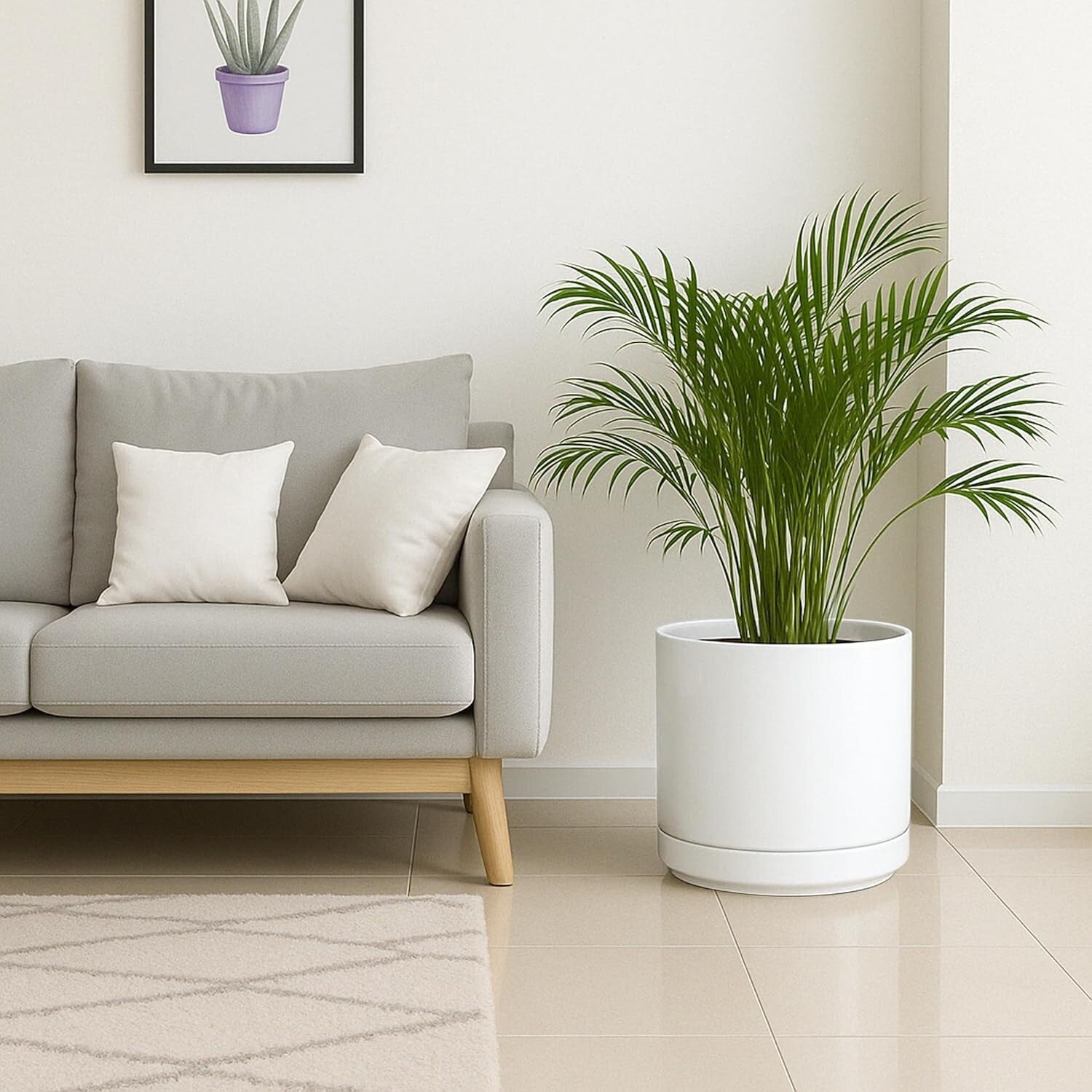 Elegant 14 Inch Ceramic Indoor Planter Pot with Drainage & Saucer - Modern White