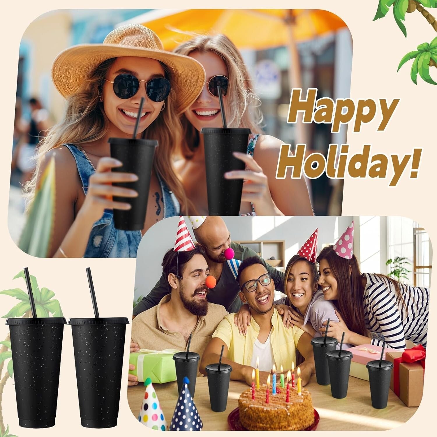 60 Pack Black Glitter Tumblers with Straw & Lid – Stylish Drinkware for Parties