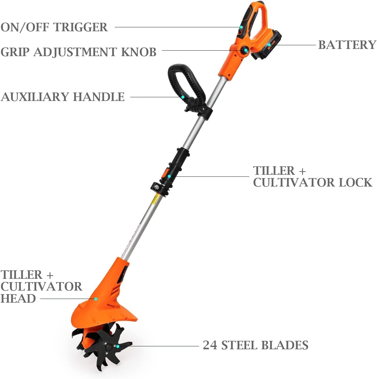 20V Battery-Operated Tiller with 24 Steel Blades for Effortless Soil Tilling
