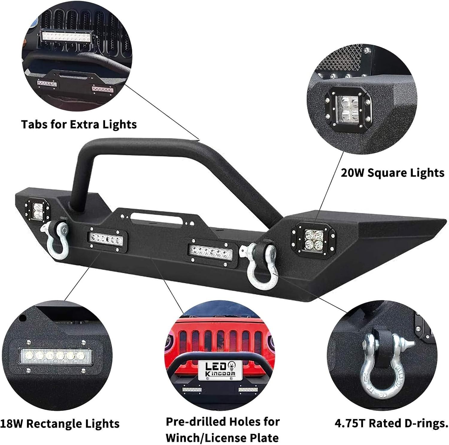 Stylish Jeep Wrangler JK Compatible Bumper with Built-In LED Lights & D-Rings