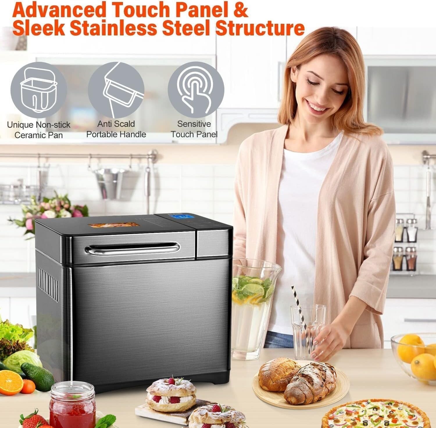 17-in-1 Stainless Steel Bread Maker with Dual Heaters & Auto Nut Dispenser