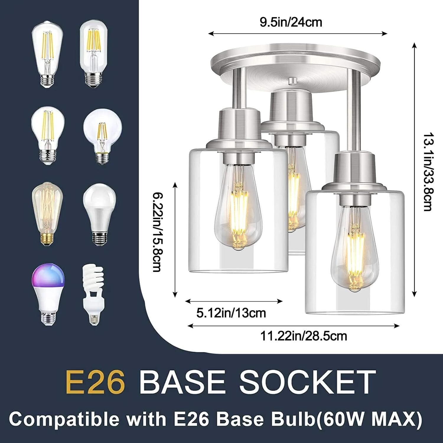 Elegant Dimmable Ceiling Light with Clear Glass Shades in Brushed Nickel Finish