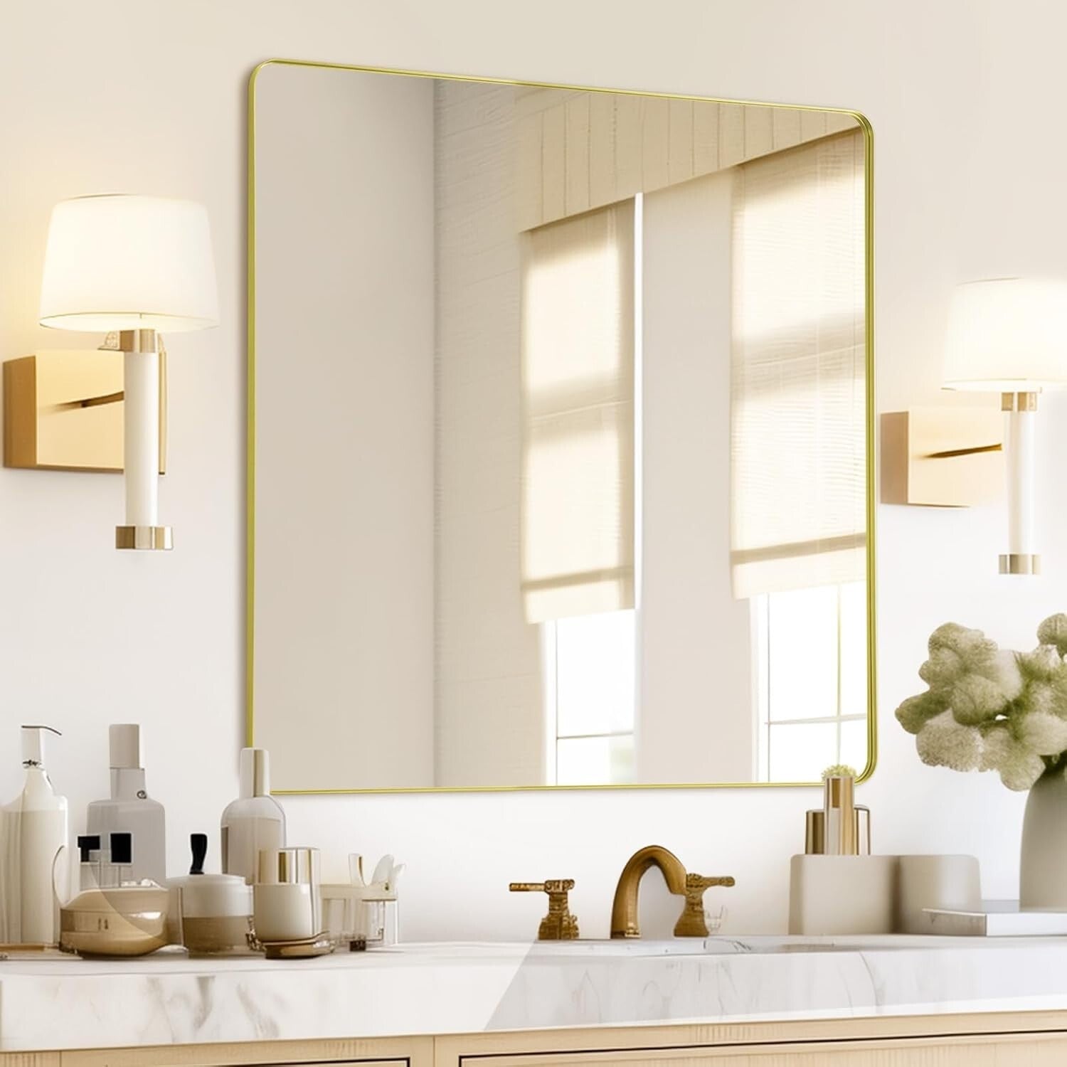 Sophisticated Gold Rectangular Mirror 36 x 30, Wall-Mounted or Leaned, Anti-Rust