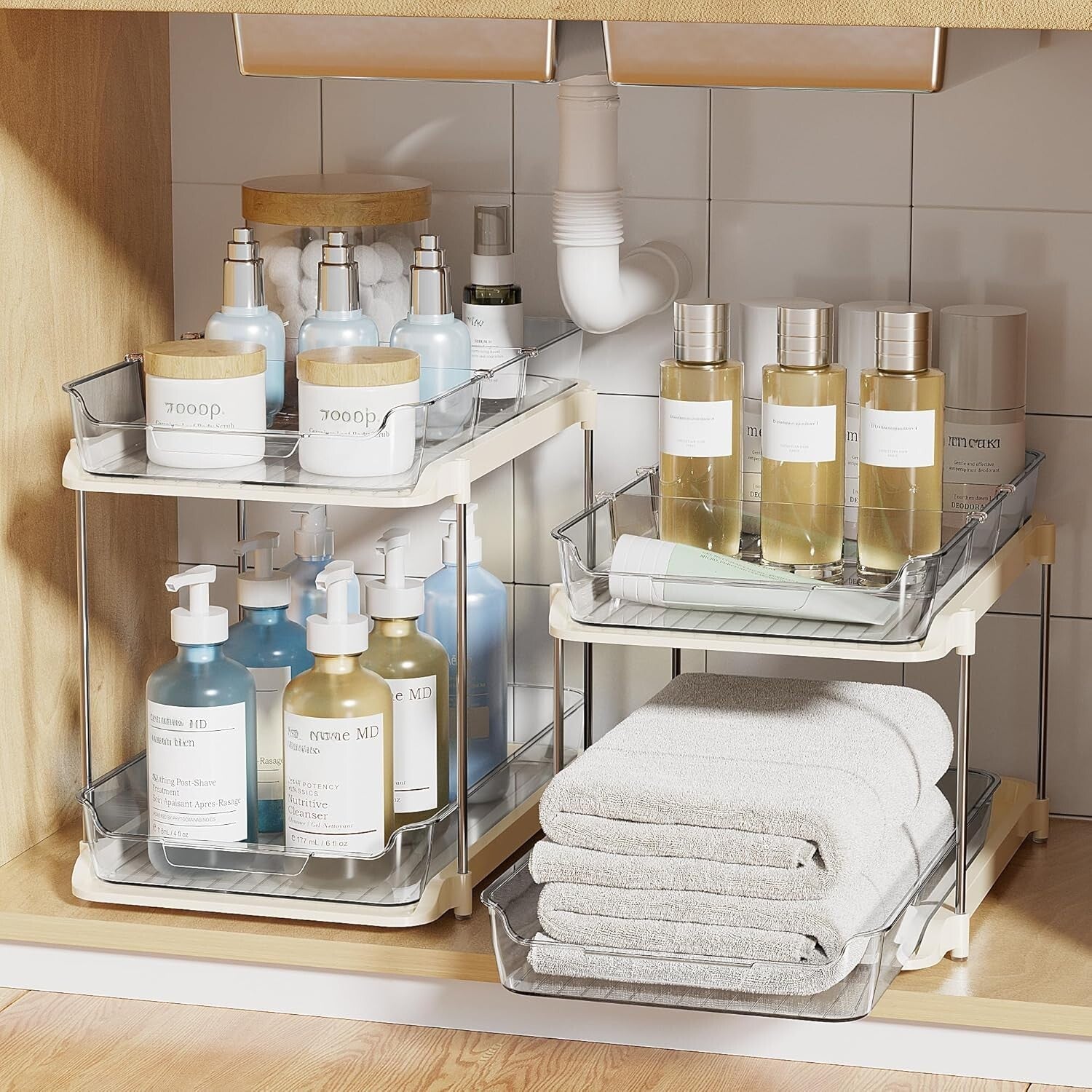 Stylish Stackable Bathroom Cabinet Organizers with Anti-Slip Pull-Out Drawers