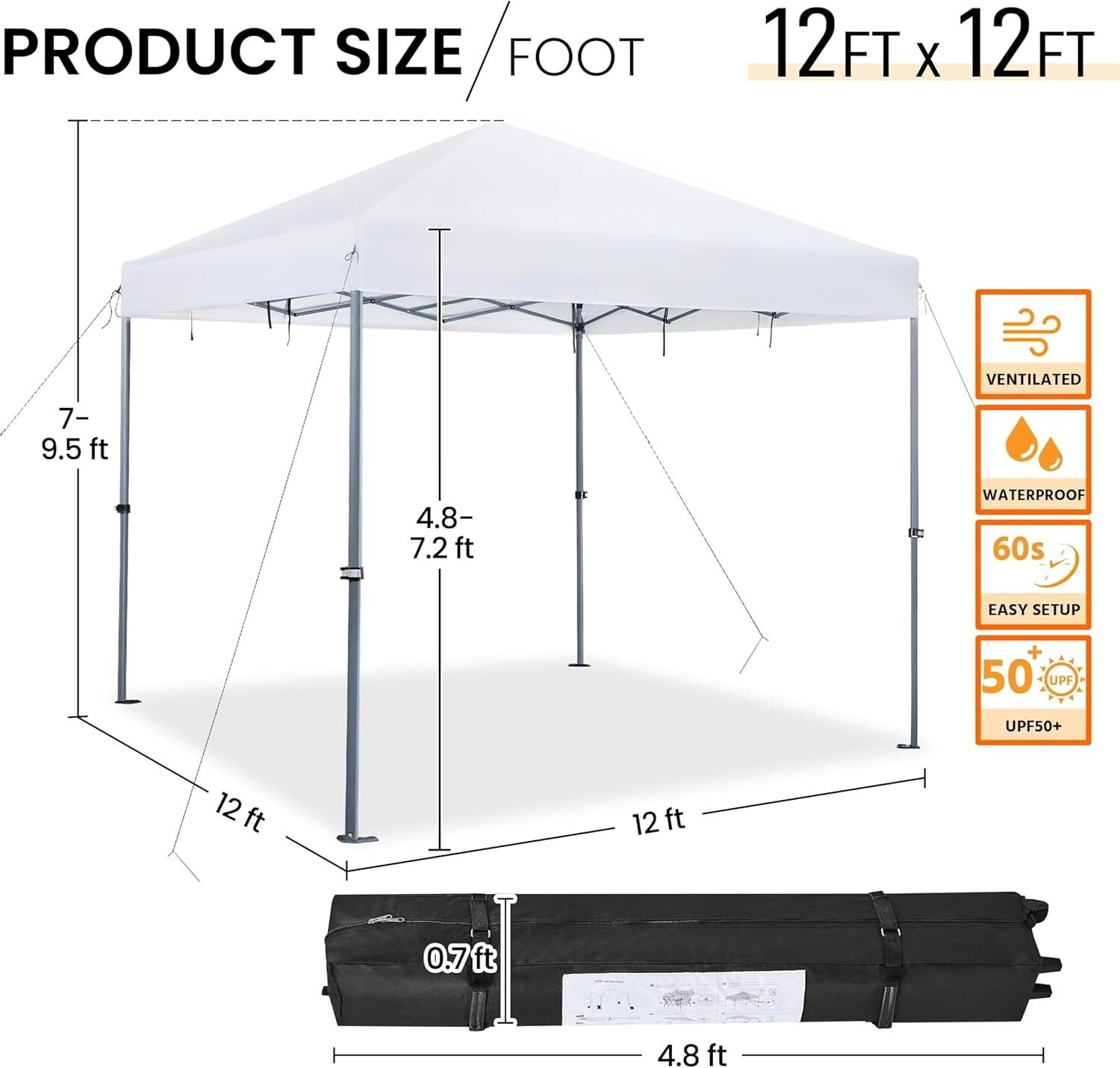 Instant 12x12 Gazebo Canopy with Roller Bag & Four Sandbags for Convenient Setup