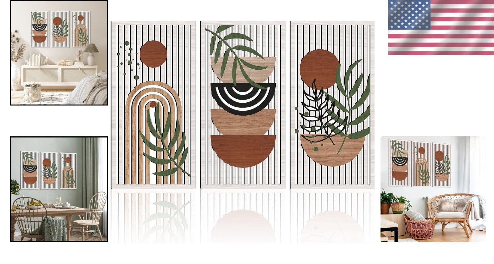 Mid Century Modern Hollow Wooden Wall Art Set - Sun, Moon, Plant Decor (32"x16")