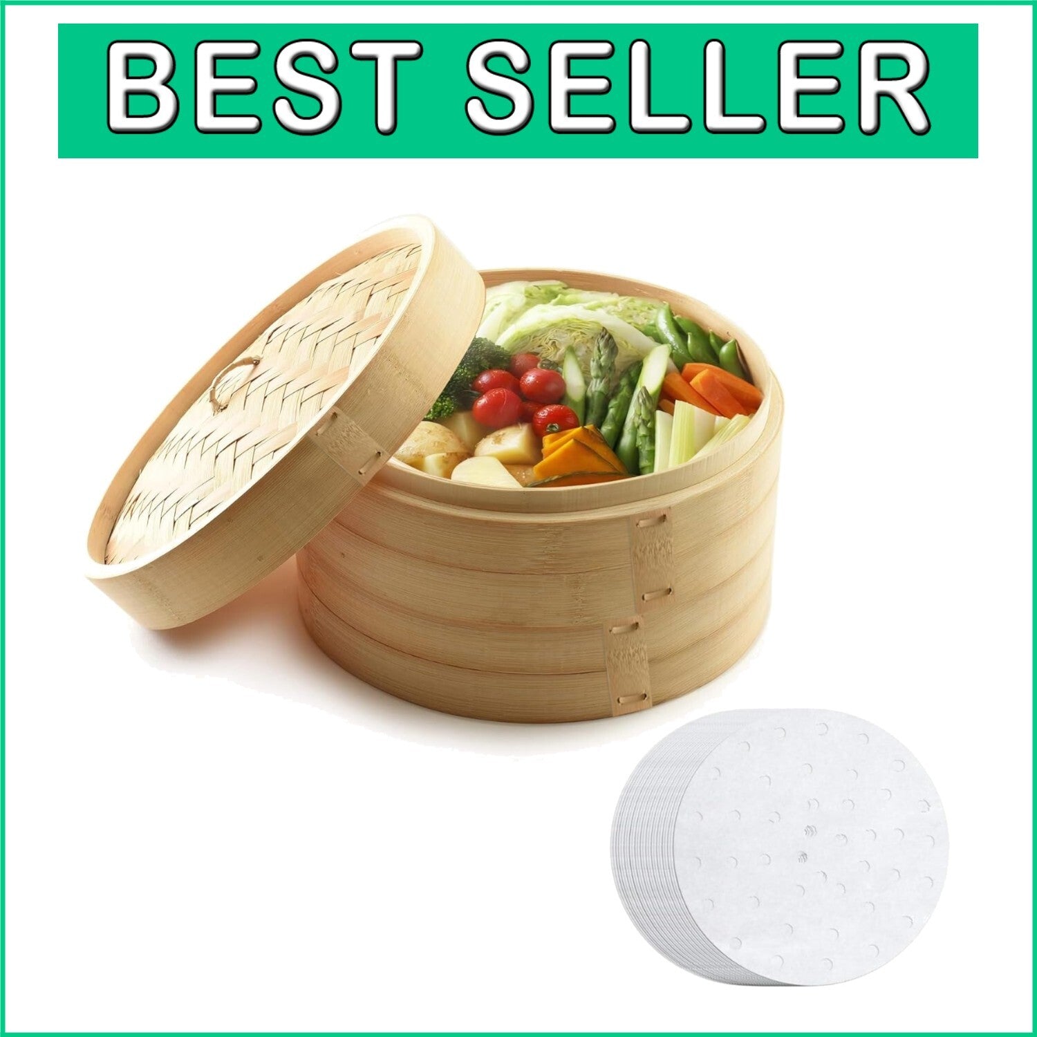 12-Inch Bamboo Steamer Set with 100 Parchment Liners for Healthy Cooking