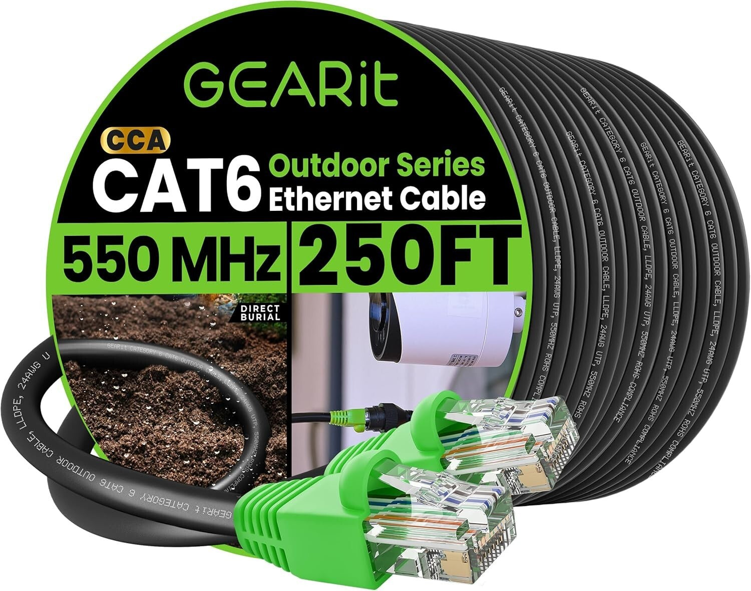 Durable 250ft Outdoor Cat6 Ethernet Cable with Waterproof Gold Connectors