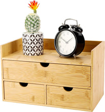 Load image into Gallery viewer, Elegant 3-Drawer Bamboo Desk Organizer with Shelf - Perfect for Makeup &amp; Office