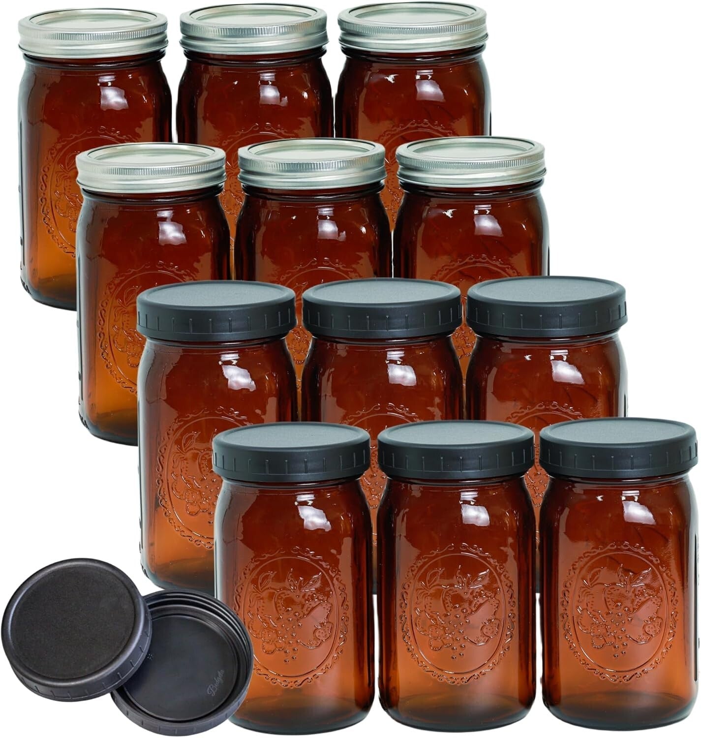 Elegant 12 Pack 32 oz Amber Mason Jars - Wide Mouth with Leak-Proof Lids