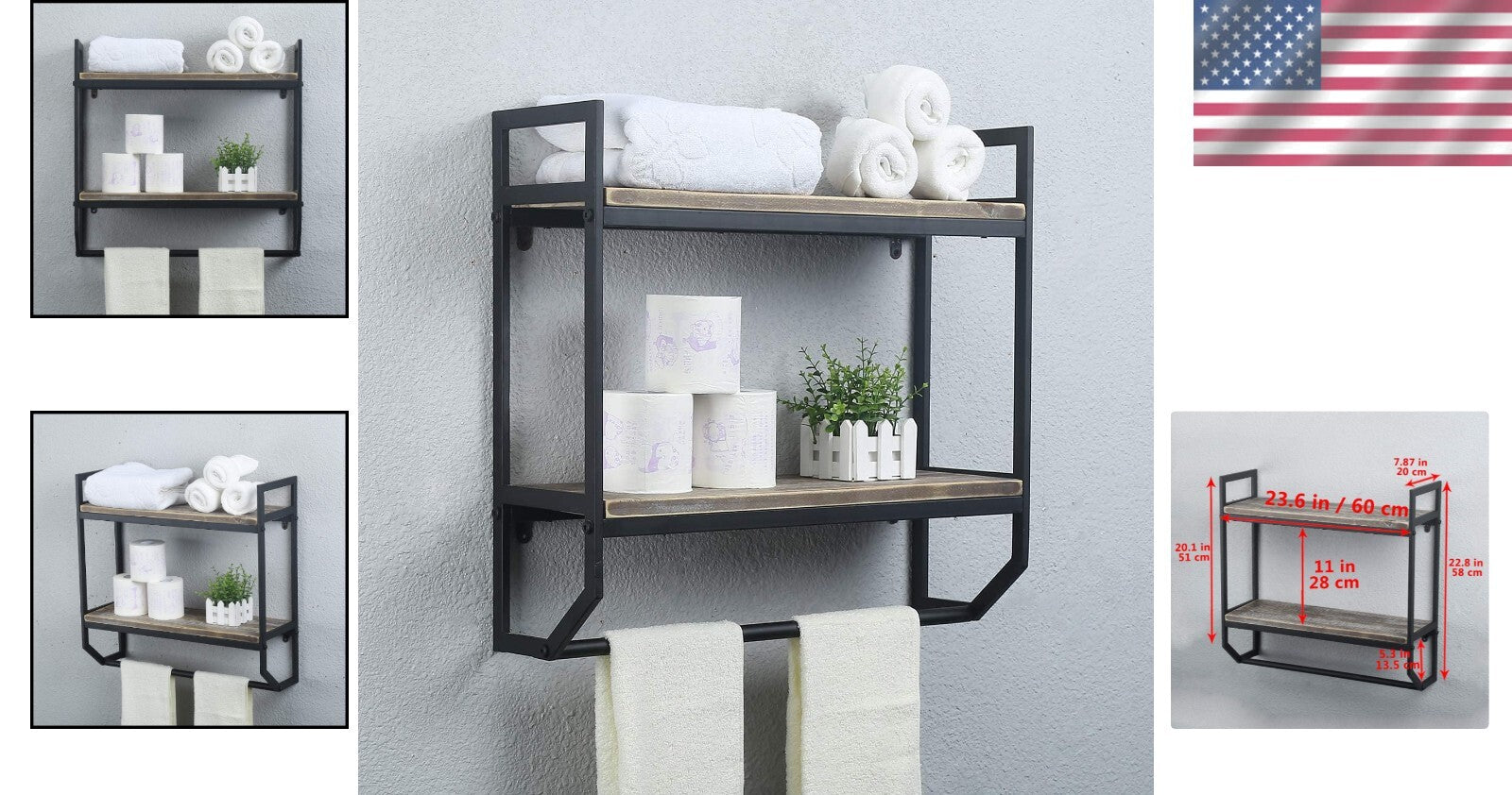 Durable Rustic Bathroom Shelves - 24” Wall-Mounted Towel Bar & Utility Organizer