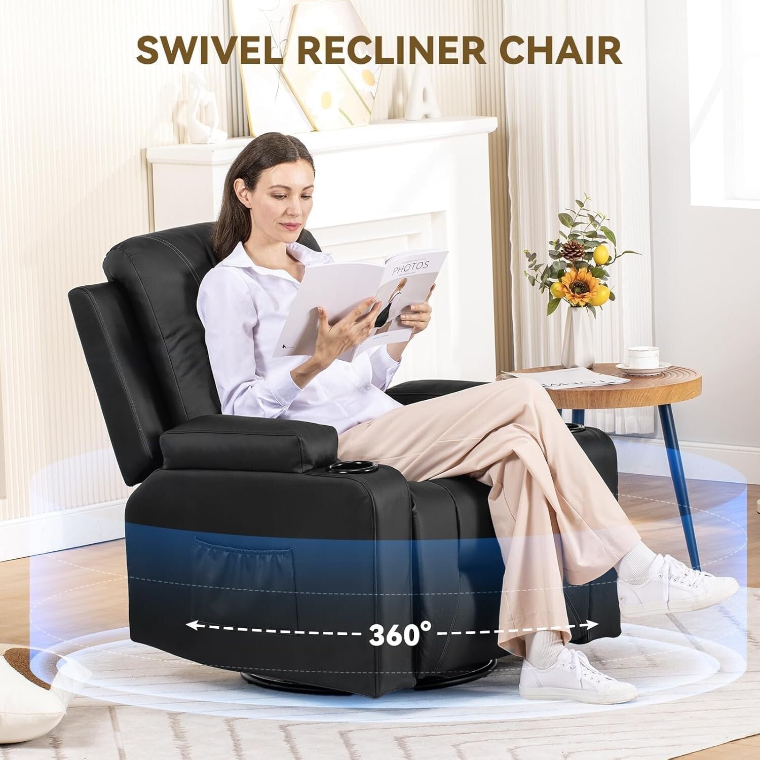 Contemporary Black Recliner Chair with Massage, Cup Holders, and Storage Pockets