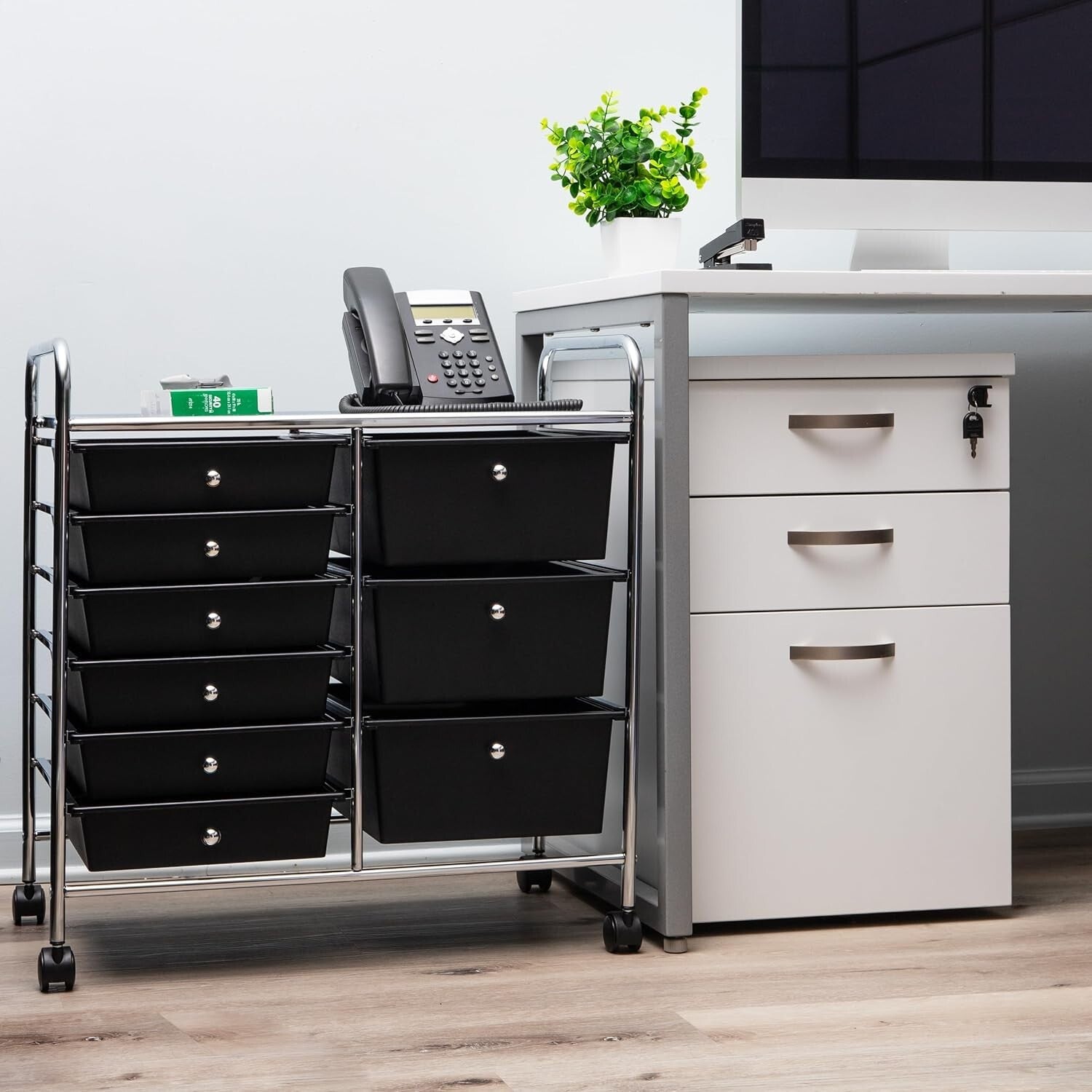 Durable Metal Utility Cart with 9 Drawers - Space-Saving Storage in Black/Silver