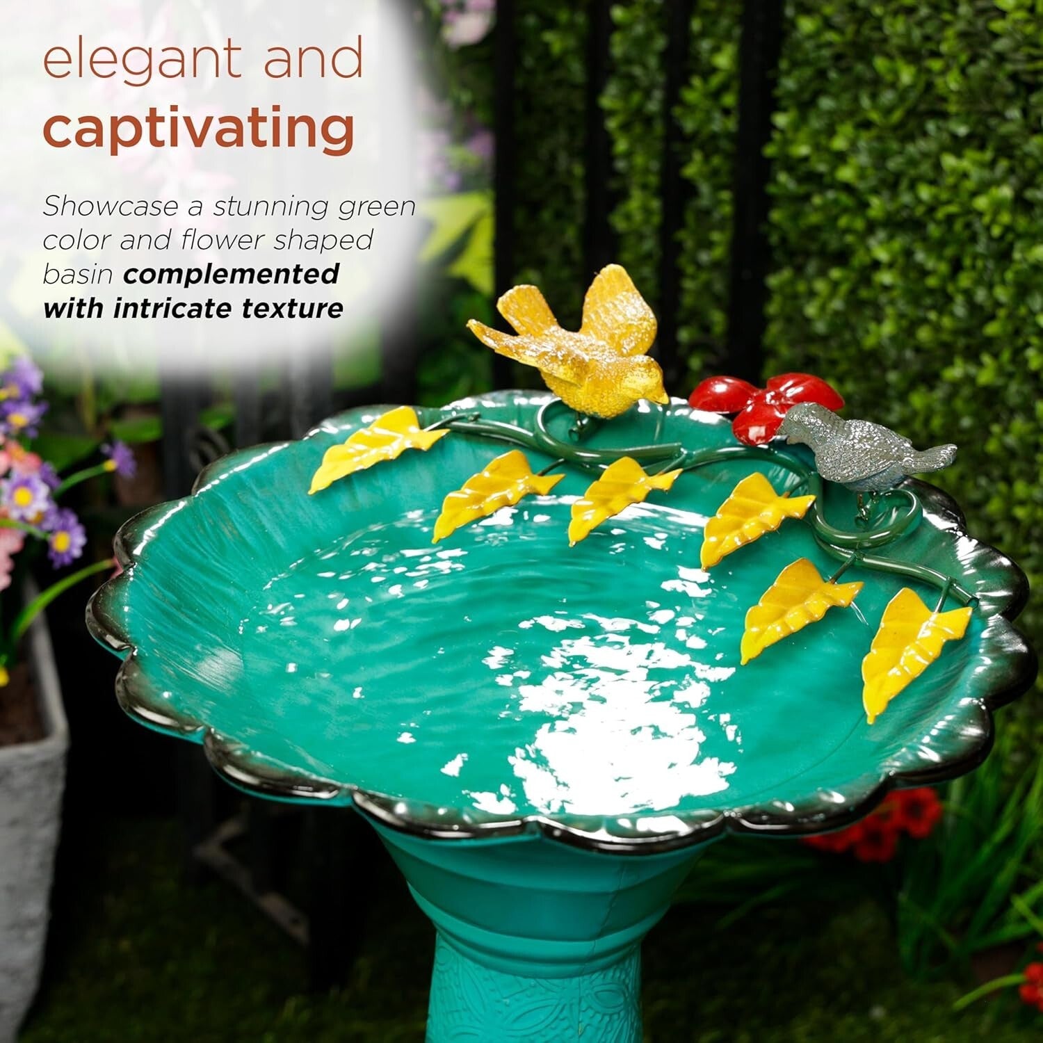 28" Elegant Green Birdbath - Weather-Resistant Metal Stand for Outdoor Charm