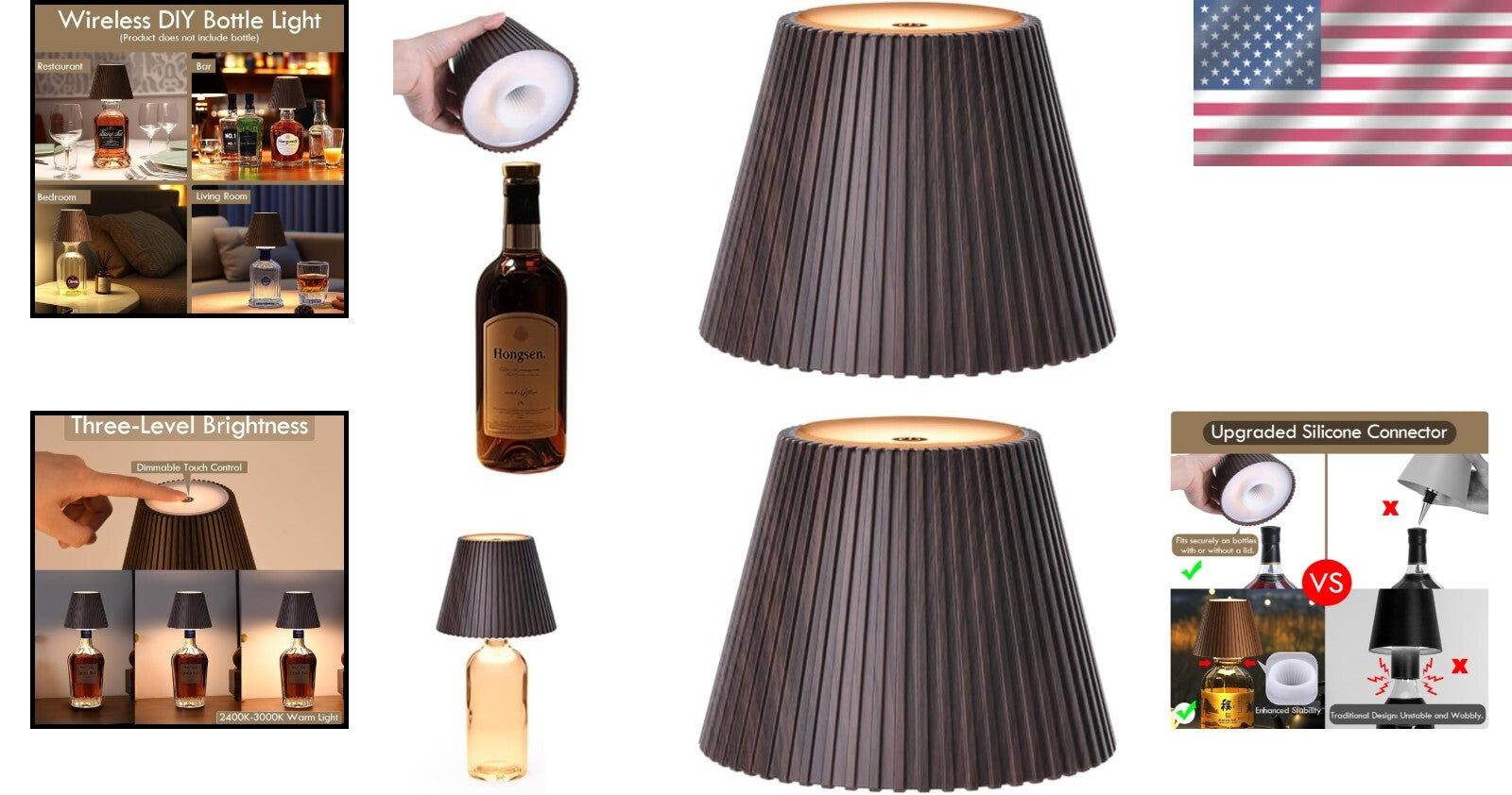 2 Pack Wireless Bottle Lamps - Cordless Rechargeable Table Decor with 3 Brigh...