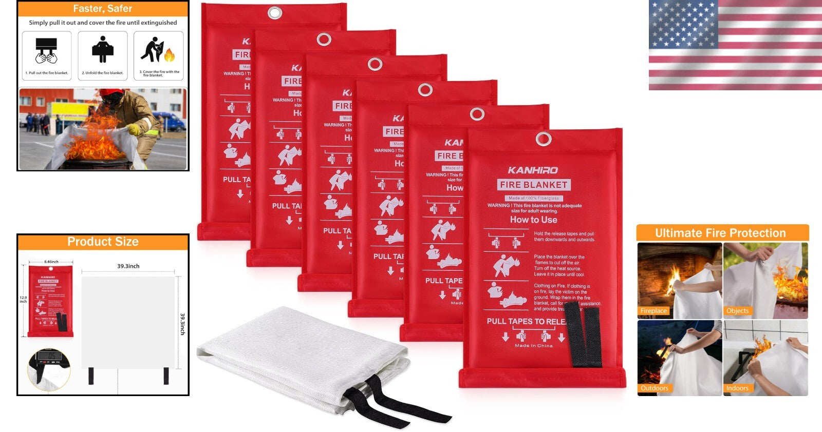 Emergency Fire Blanket 6-Pack - 39" Fiberglass Fire Suppression for Home Safety