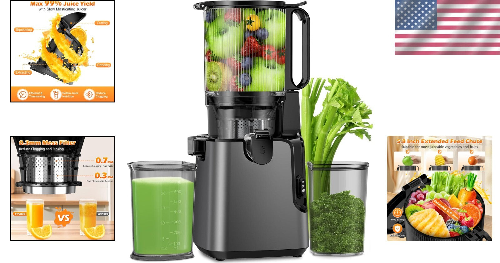 Professional Slow Masticating Juicer with Dual Strainers for Maximum Juice Yield