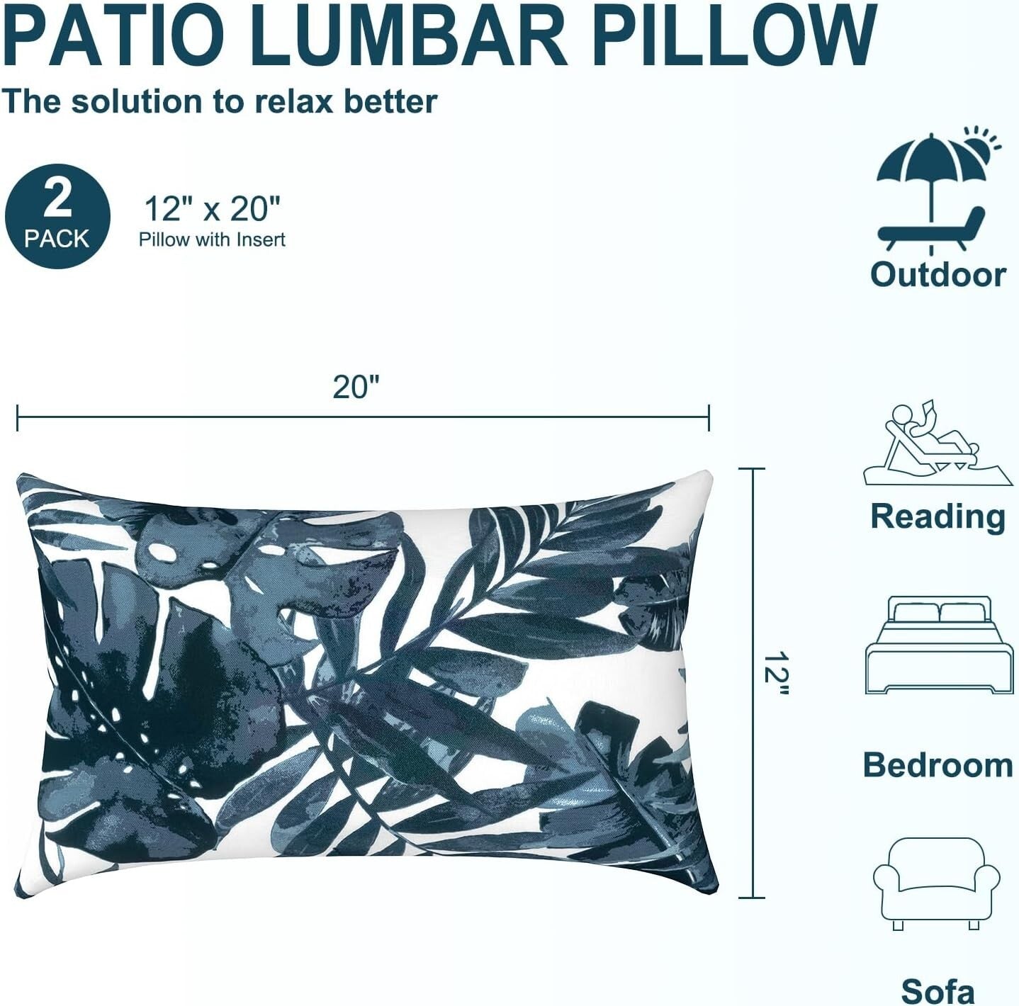 Elegant 12x20 in Waterproof Lumbar Pillows for Indoor and Outdoor Use - Set of 2