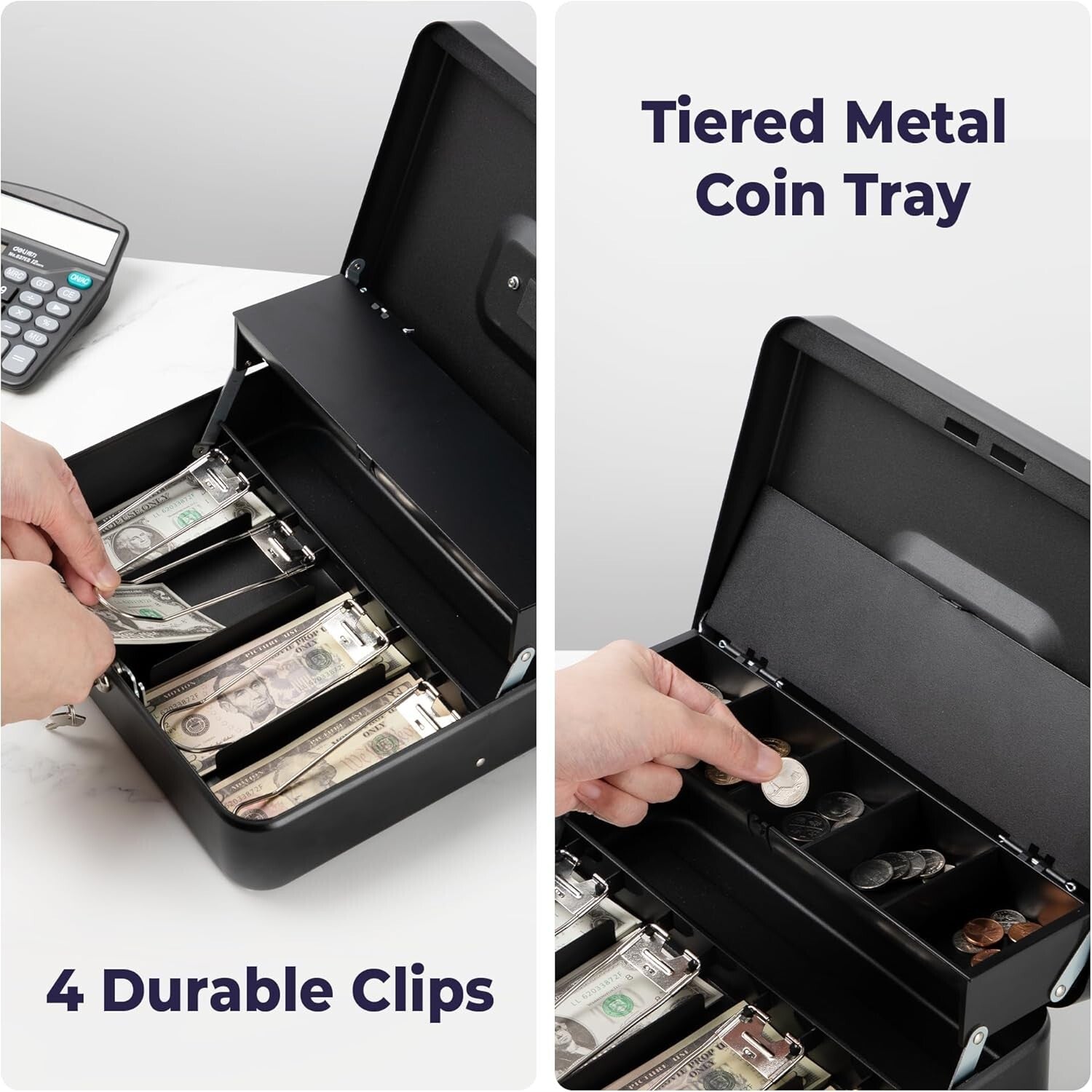 Large Metal Cash Safe with Key Lock and Tray for Yard Sales & Small Business