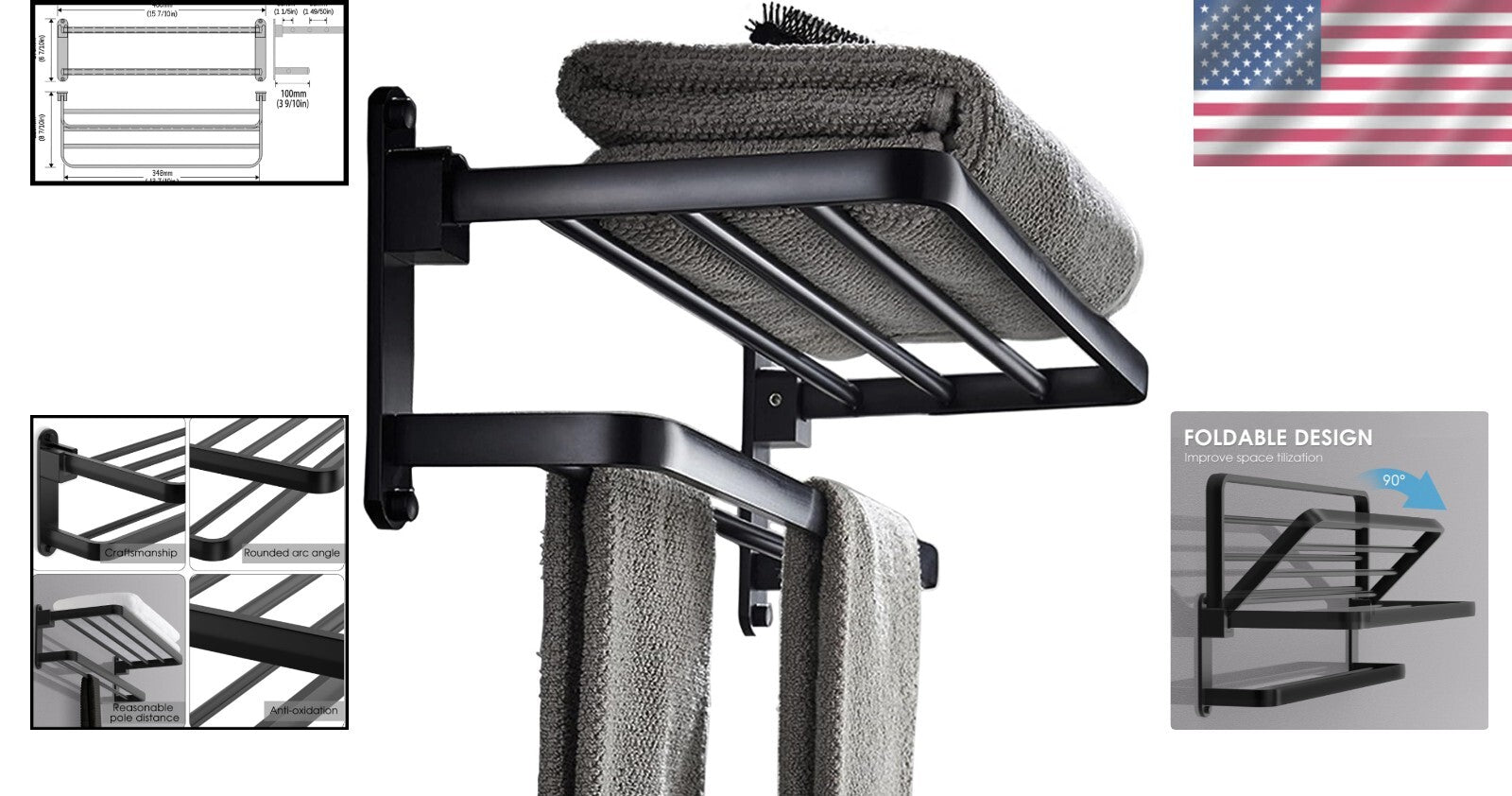 Elegant 16-Inch Matte Black Towel Rack with Folding Feature for Modern Bathrooms