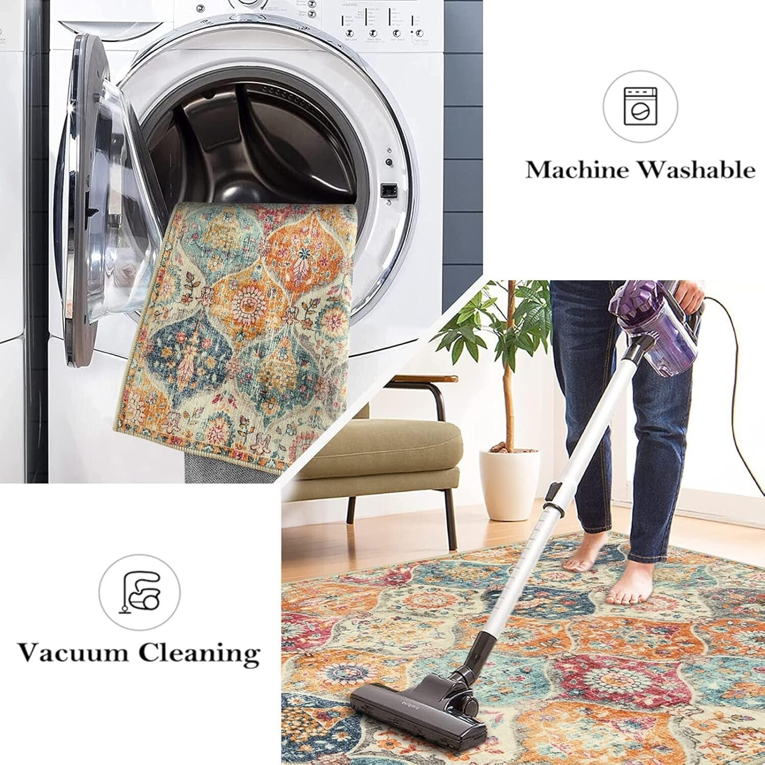 Washable Ultra-Thin Round Rug - 4ft Non-Slip Floral Carpet for Entryway & Home