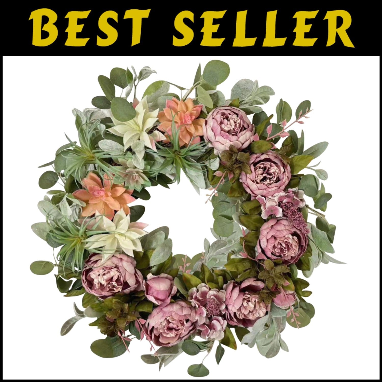 Stylish 24 Inch Spring Peony Wreath with Succulent Arrangement - Indoor/Outdoor