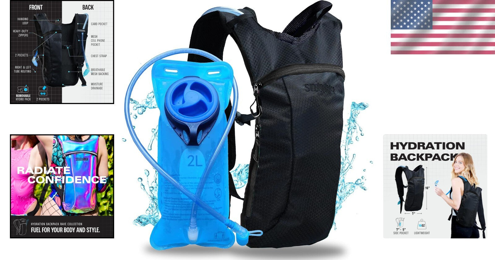 Lightweight 2L Hydration Backpack with Adjustable Straps for Festivals & Sports