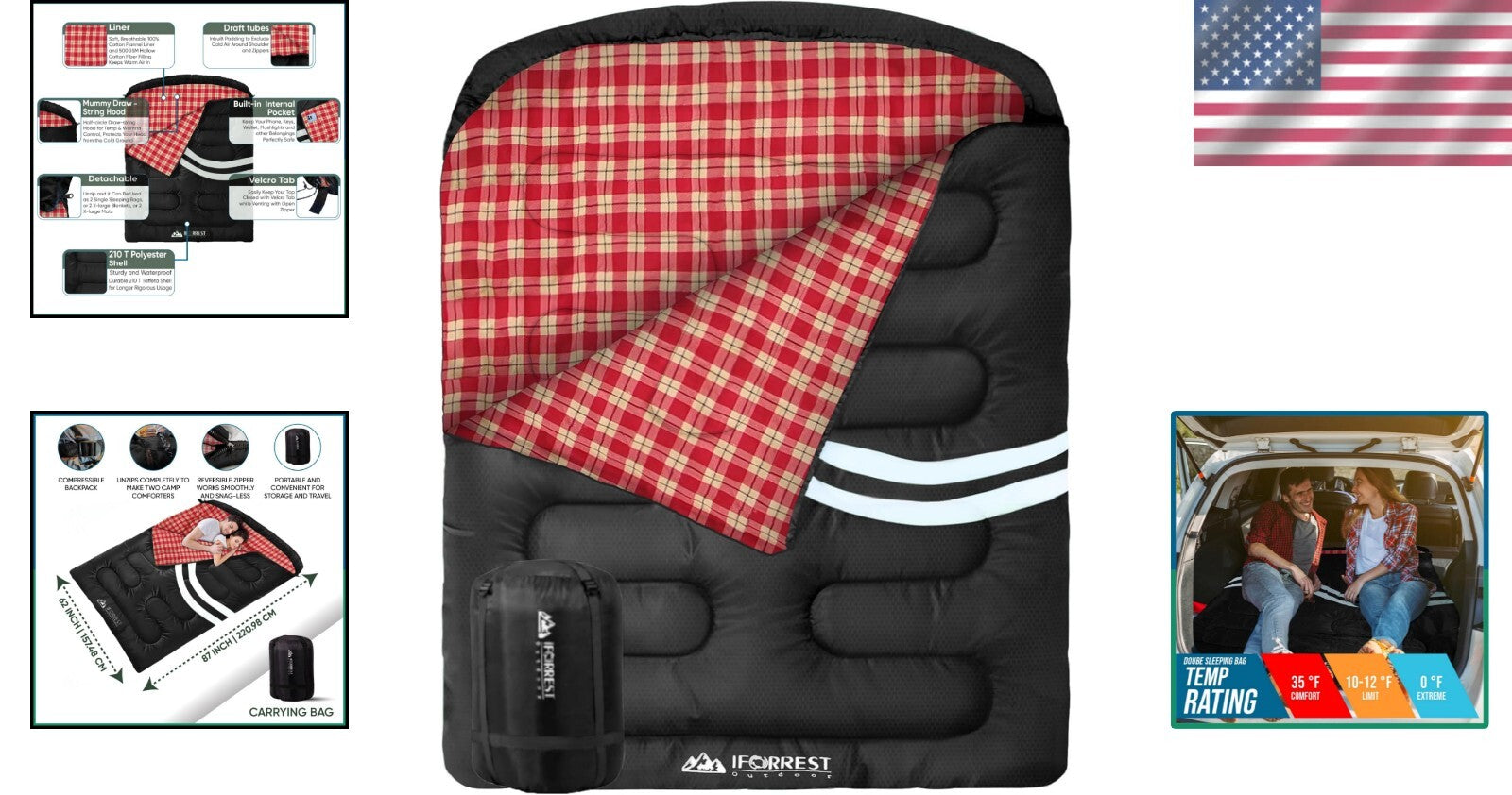 10°F Cotton Flannel Double Sleeping Bag - Waterproof, 2-Person Travel Essential