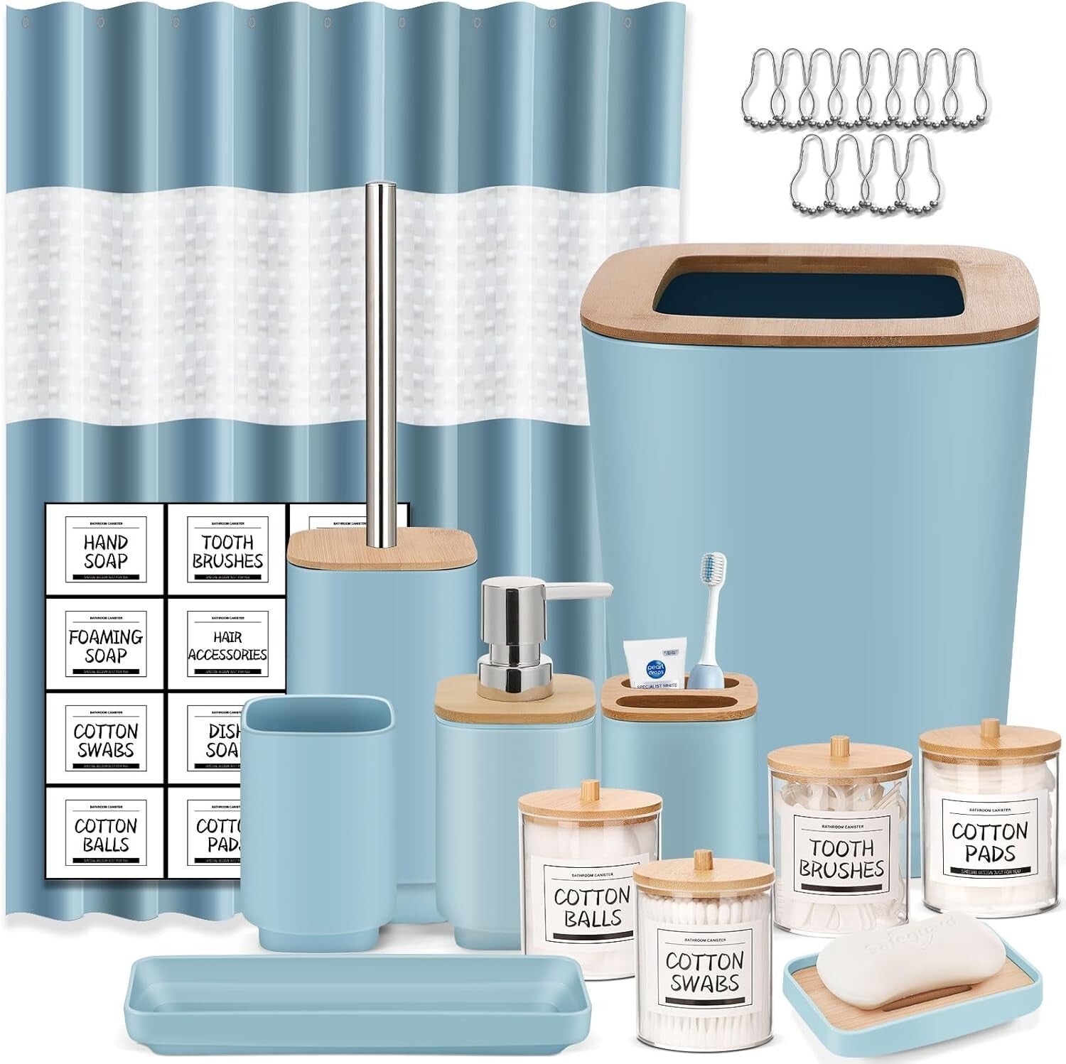 Elegant 24-Piece Navy Blue Bathroom Accessories Set with Shower Curtain & Tra...