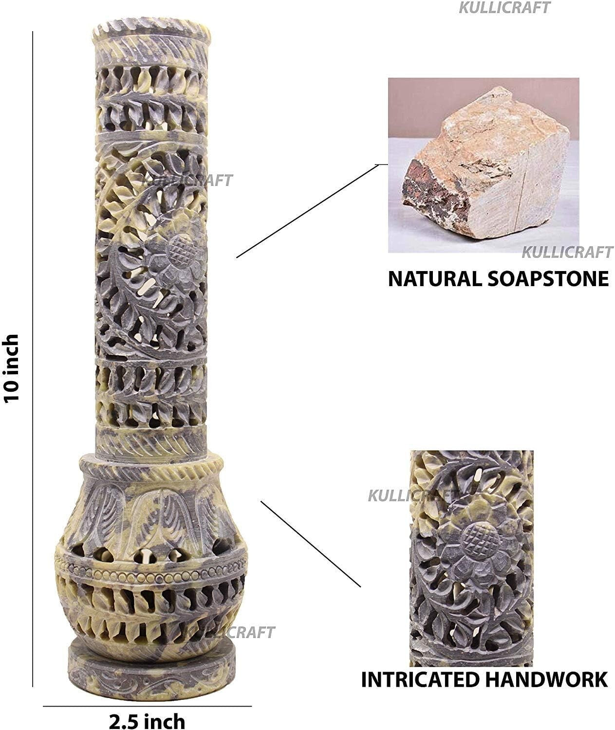 Intricate Floral Carved Soapstone Incense Tower & Tea Light Stand for Gifting