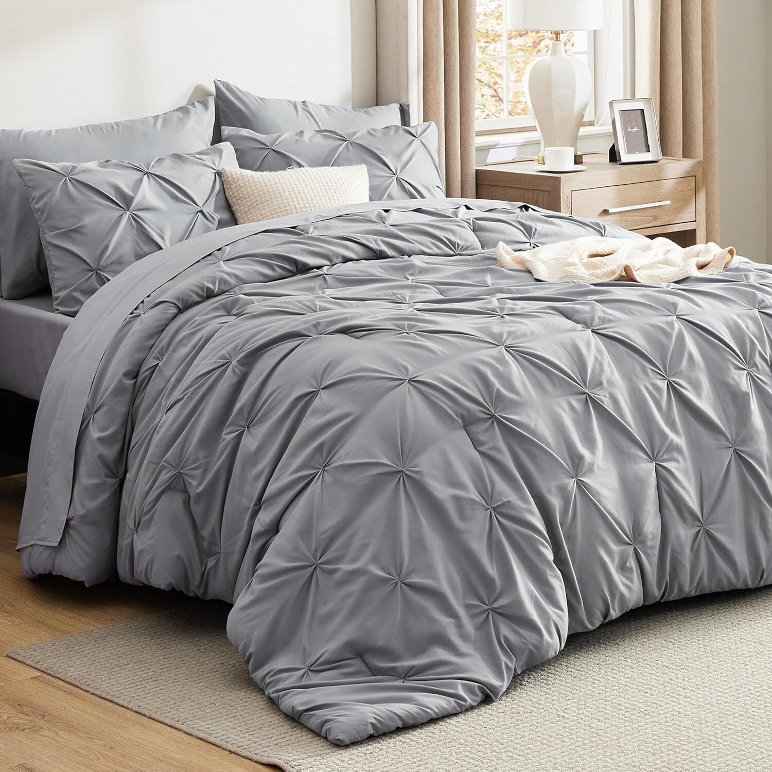 Elegant King Size Comforter Set - 7 Piece Pintuck Grey Bedding Essentials