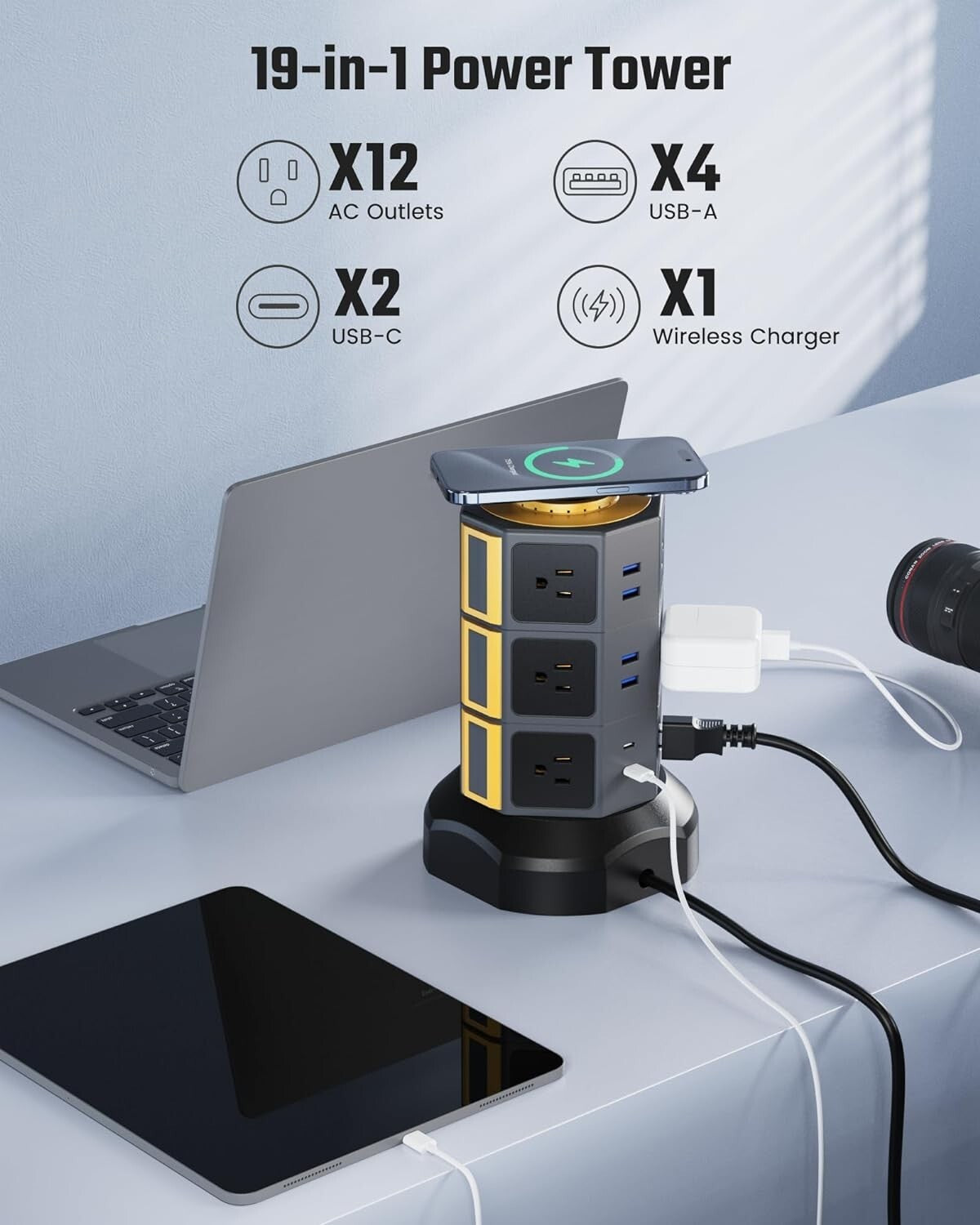 Elegant Surge Protector Tower with 15W Wireless Charger & 12 AC Outlets in Gold