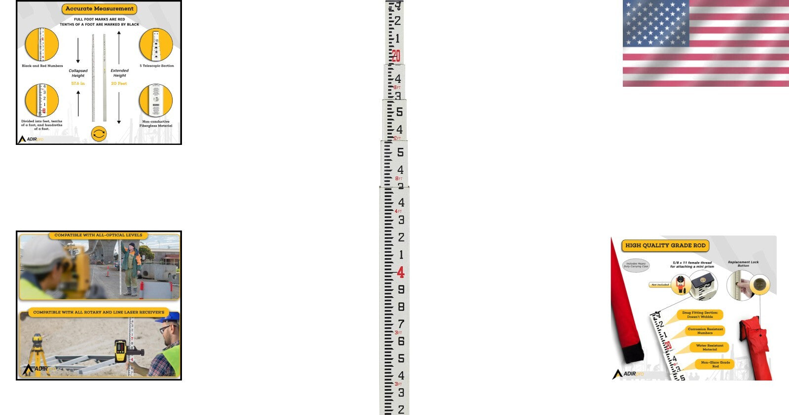 Professional 20' Fiberglass Leveling Rod with Weather-Resistant Graduation Marks