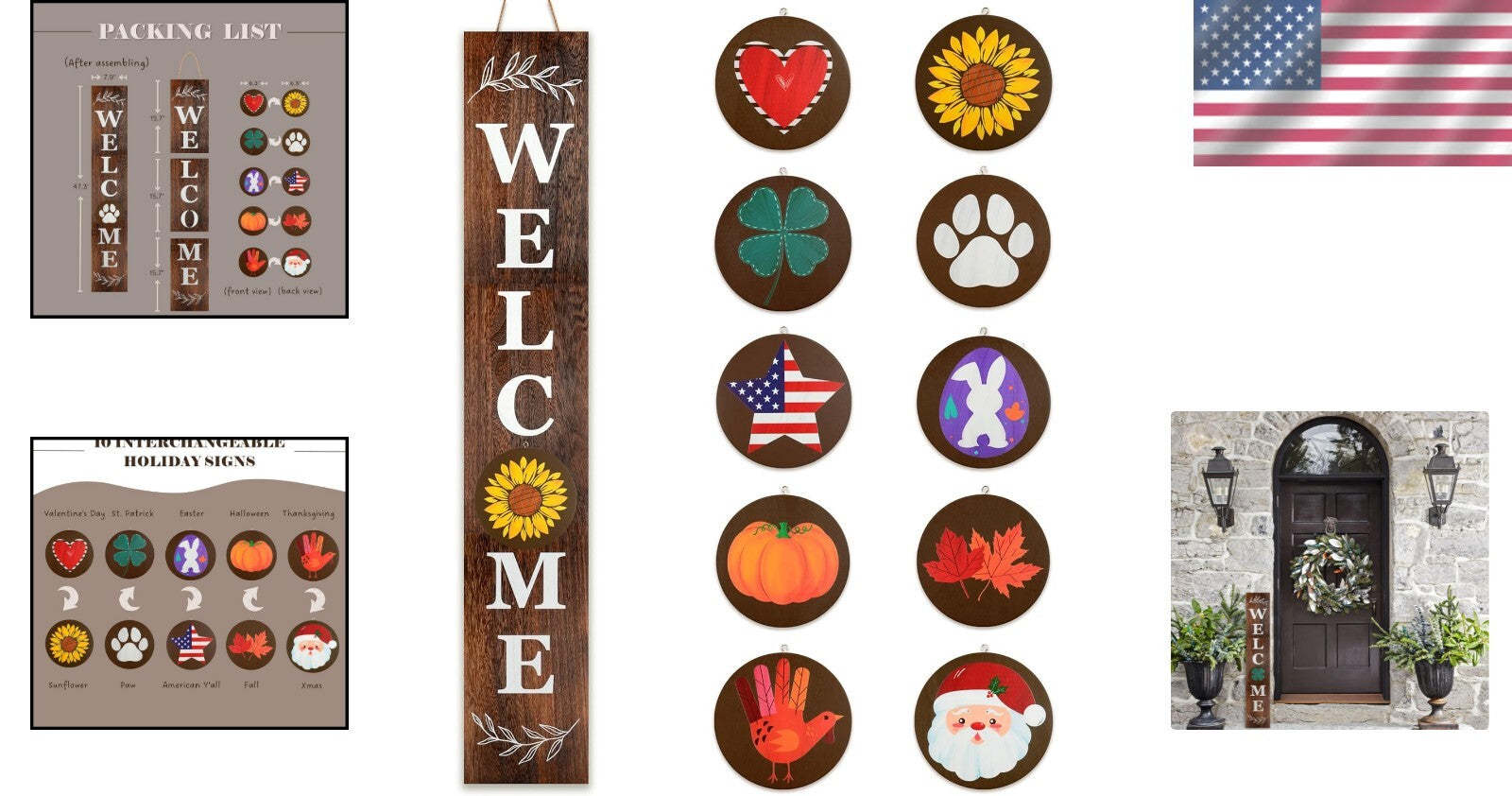 Charming 3.9ft Leaning Welcome Sign with 10 Seasonal Icons - Handmade Decor