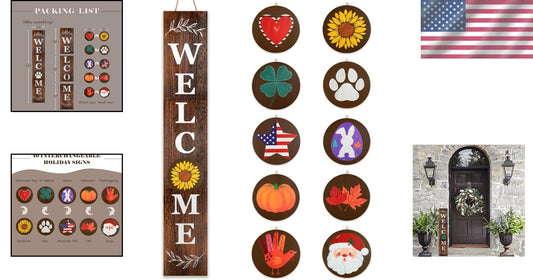 Charming 3.9ft Leaning Welcome Sign with 10 Seasonal Icons - Handmade Decor