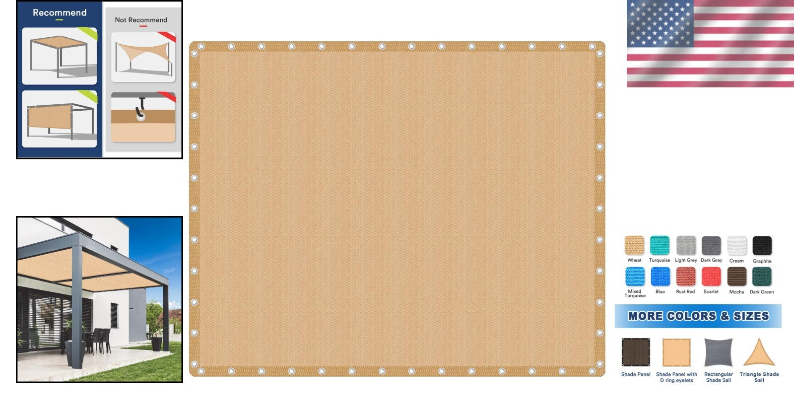 Waterproof 90% UV Protection Sun Shade Cloth with Grommets - 16' x 20' Wheat