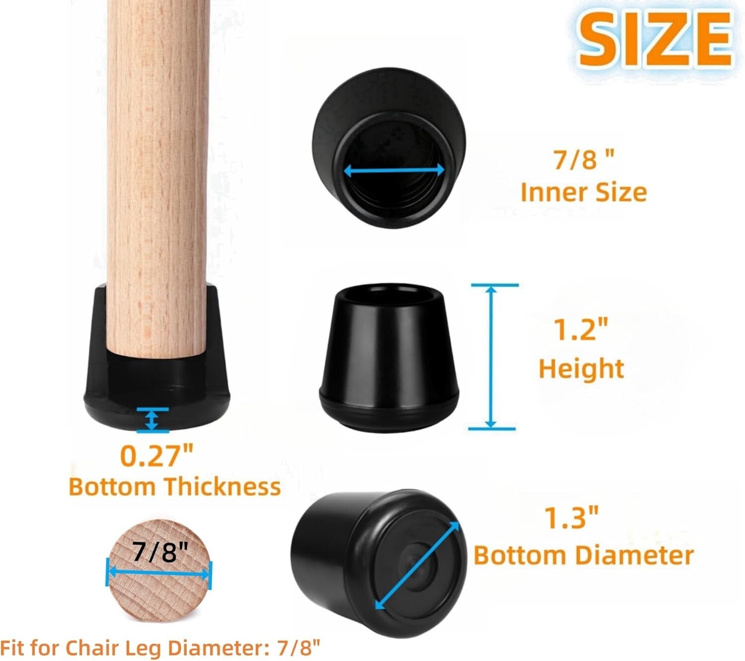 Odorless Non-Slip Rubber Chair Leg Caps - Perfect for Hardwood Floors, 7/8"