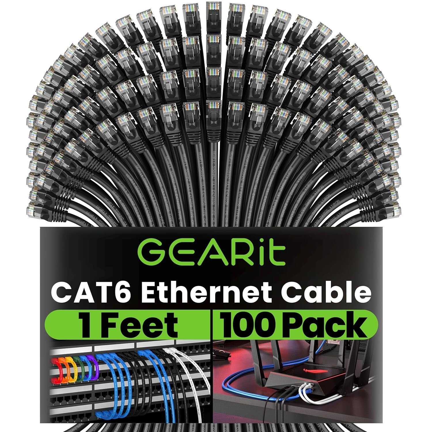 Versatile 100-Pack Cat 6 Ethernet Cables, 1ft Length, 10Gbps Speed - Durable