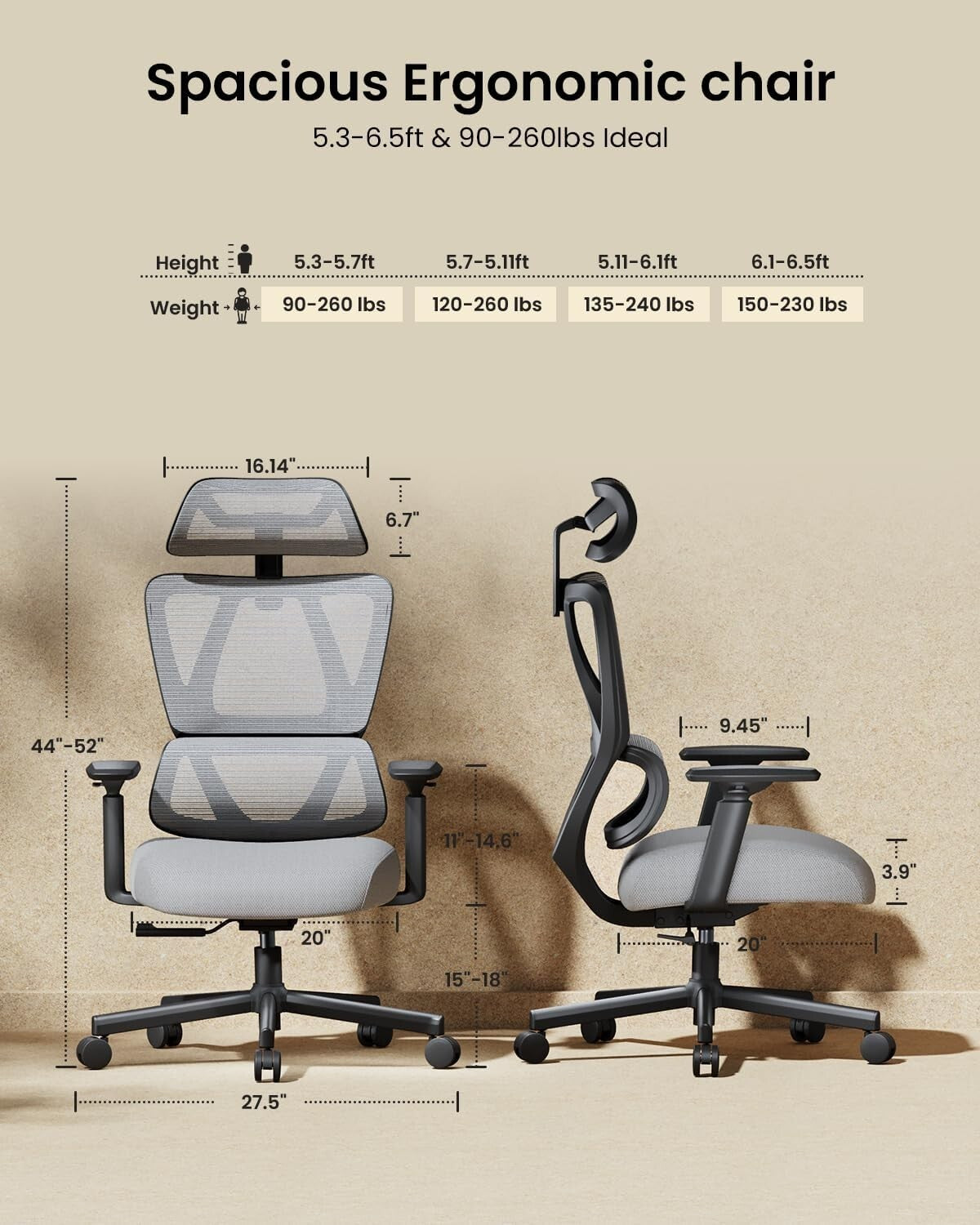 Ergonomic Big & Tall Mesh Office Chair with Adjustable Headrest & Lumbar Support