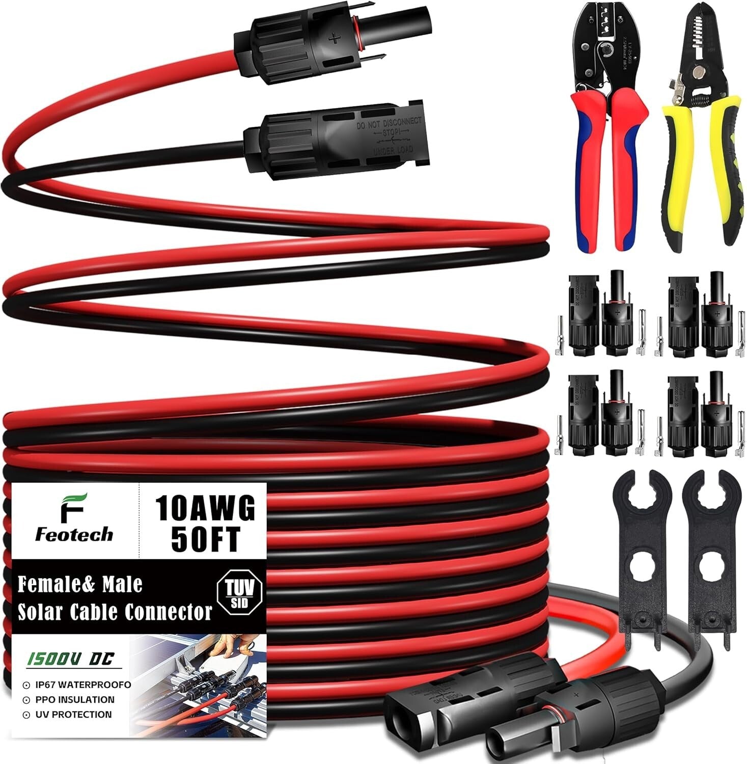Weather-Resistant 10AWG Solar Panel Extension Cable - 50FT with IP67 Connectors