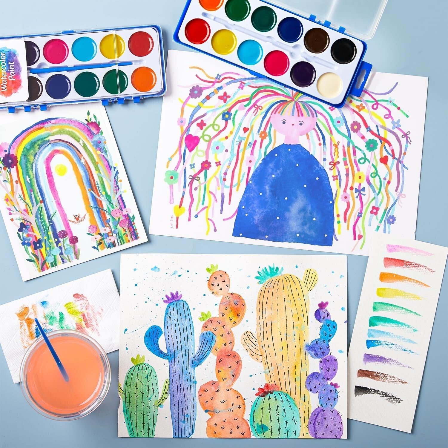 Economical 60 Pack Watercolor Paint Set with Brushes - Matte Finish & Reusable