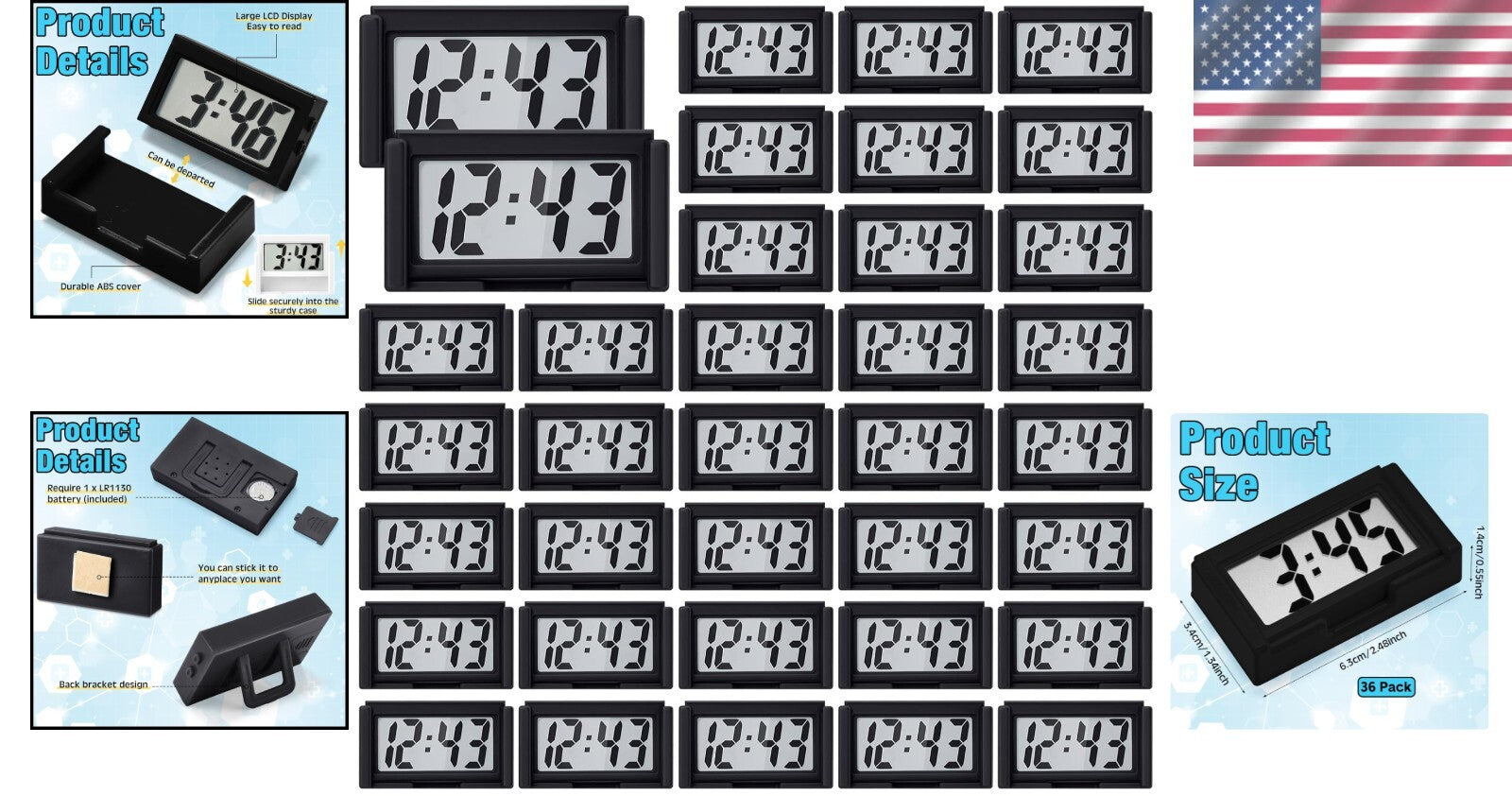 Lightweight Magnetic Clocks - Ideal for Car Dashboard & Home Use - 36 Pack