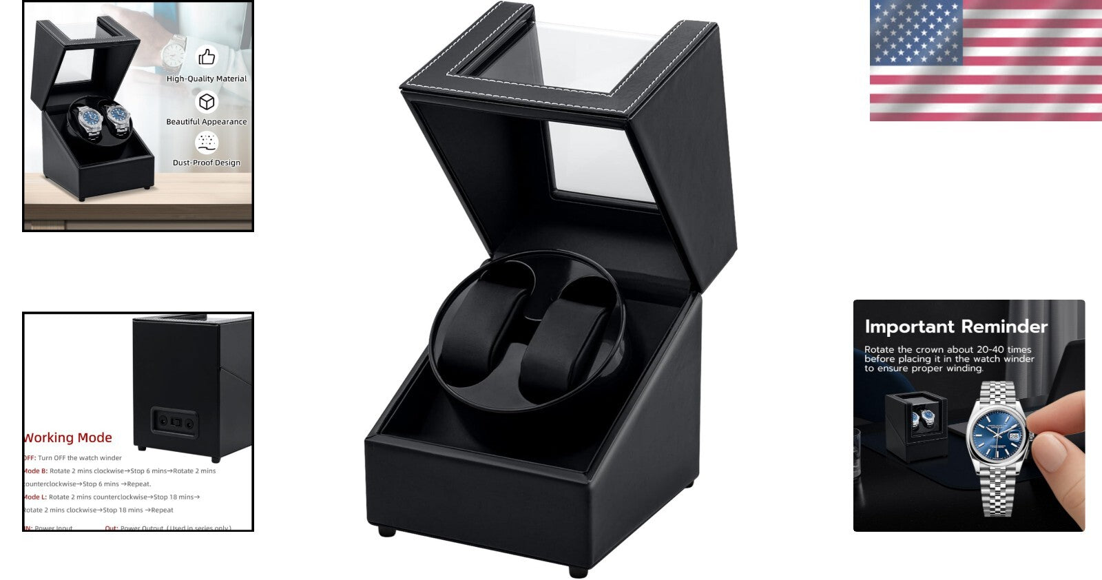 Black Elegant Watch Winder Box with Two Rotation Modes - Perfect Gift for Men