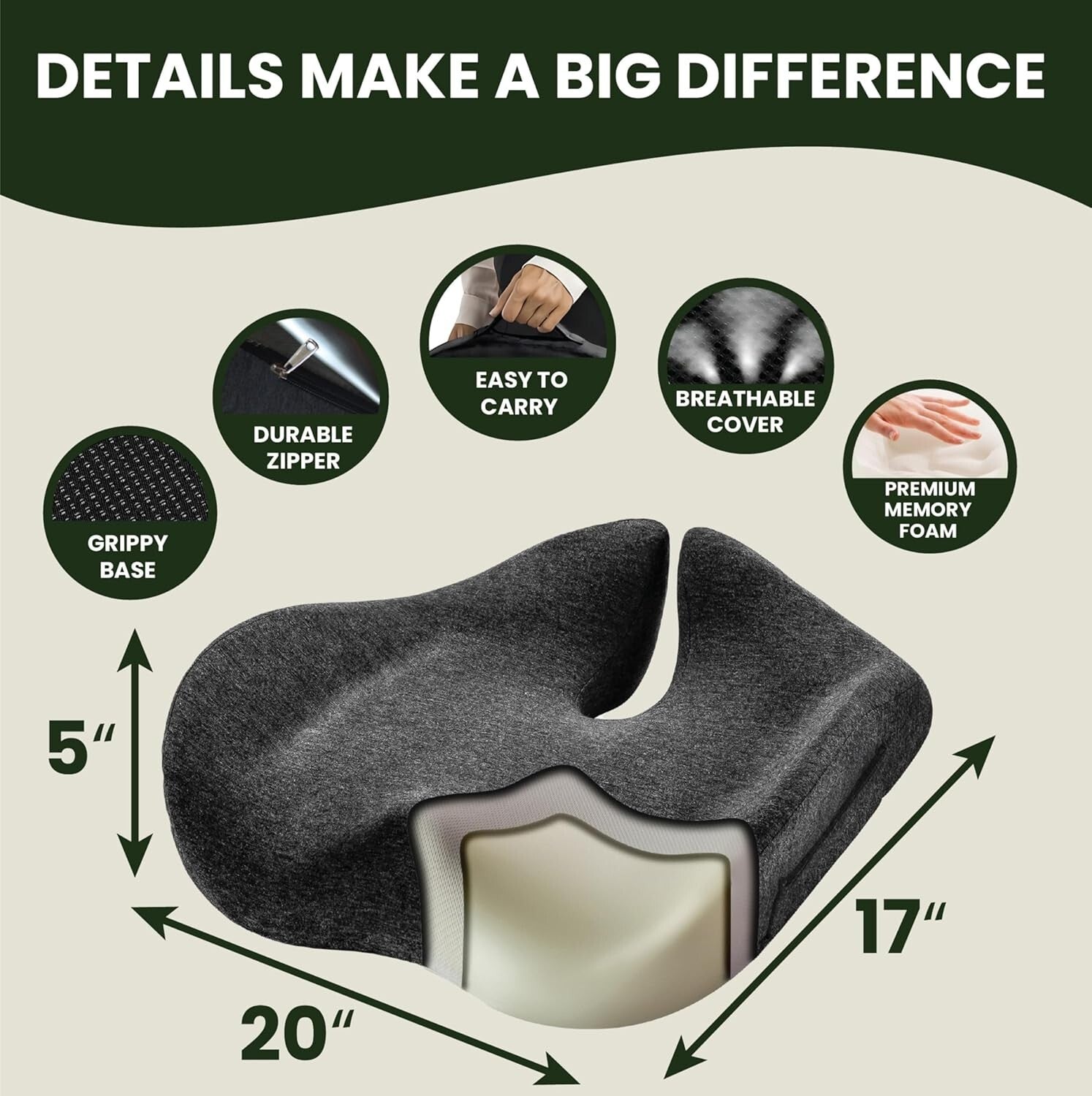 Ergonomic X-Large Memory Foam Seat Cushion for Tailbone Pain Relief & Support