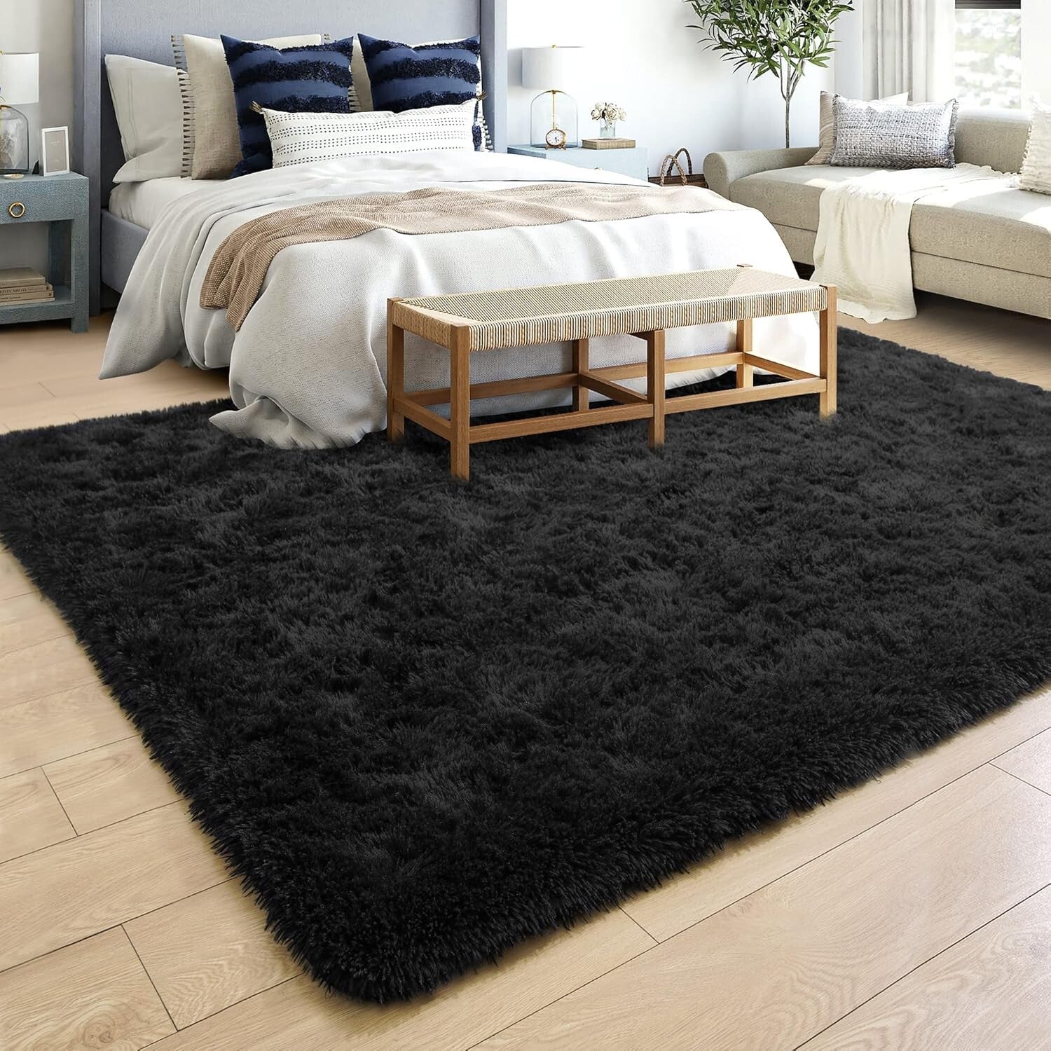 Fluffy Black 6x9 Area Rug - Soft Shaggy Carpet for Modern Living Rooms