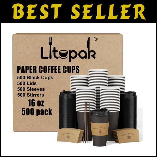 500 Pack 16 oz Black Disposable Coffee Cups with Lids & Sleeves for Convenience