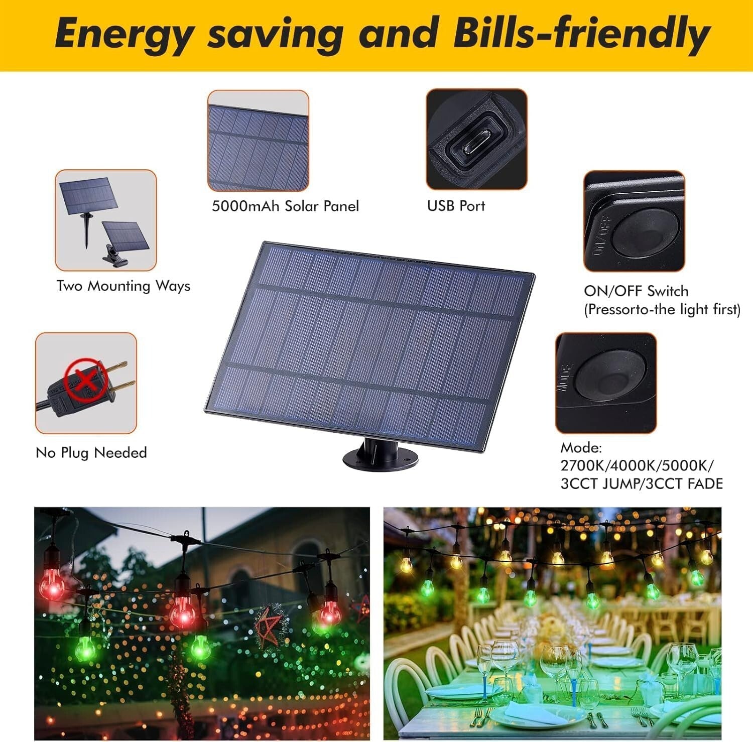 Dynamic Outdoor RGB String Lights - 8 Colors & USB Rechargeable Solar Panel