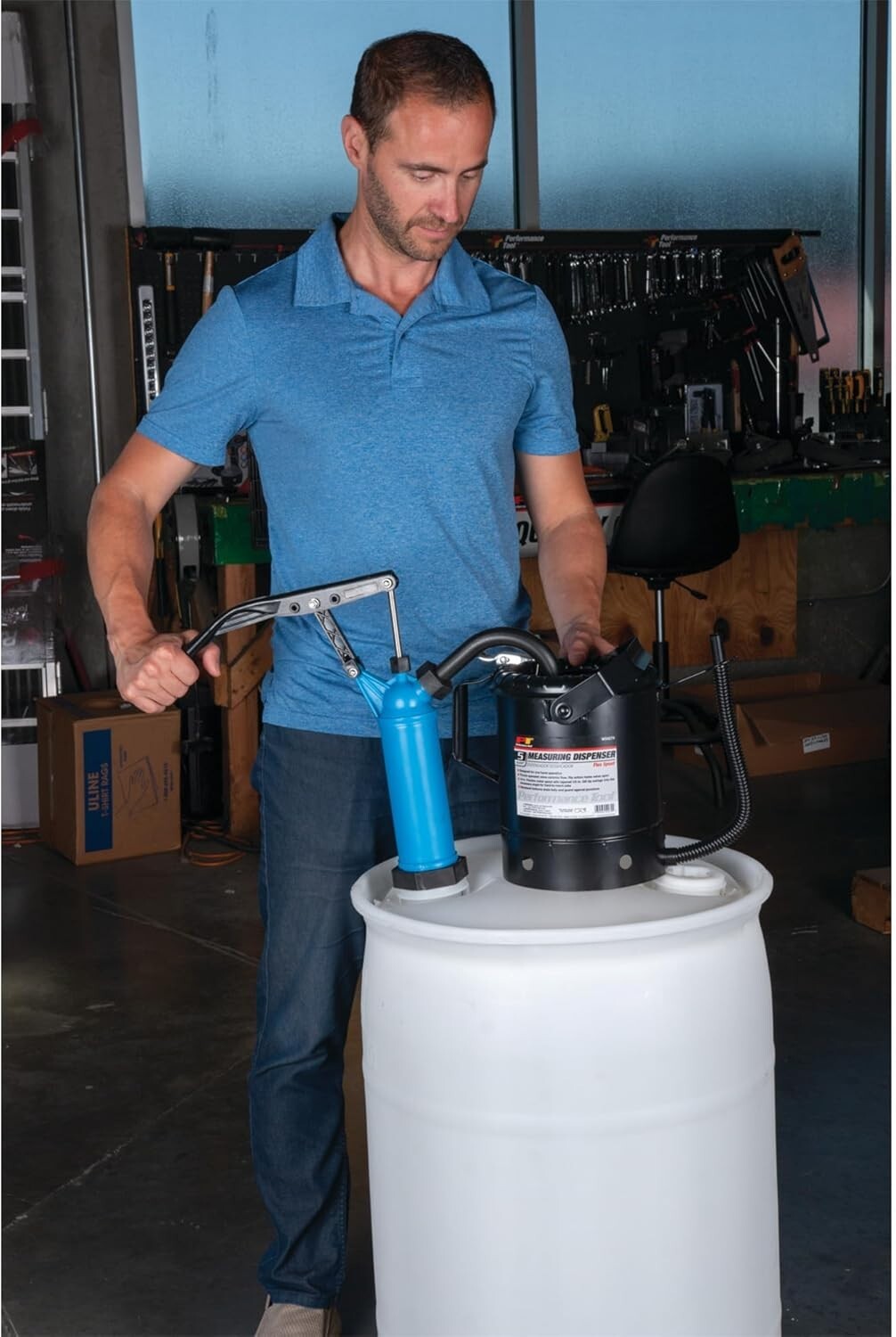 Ergonomic Blue Barrel Pump for 15 to 55 Gallon Drums - Dispenses 9 Oz per Stroke