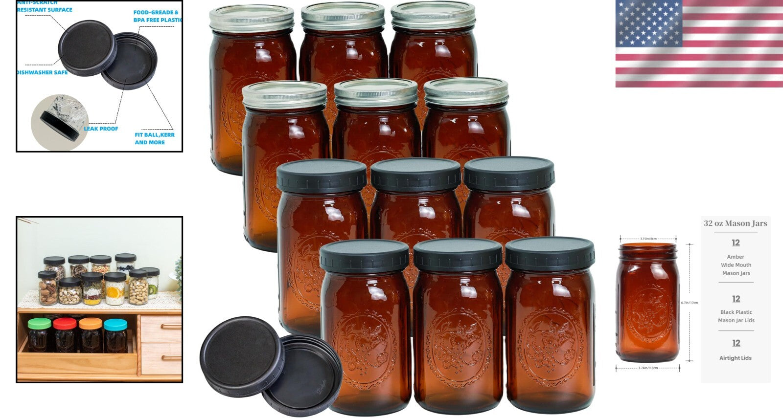 Elegant 12 Pack 32 oz Amber Mason Jars - Wide Mouth with Leak-Proof Lids
